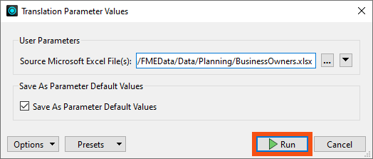 Confirming run on the Translation Parameters Dialog